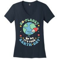 Cute Go Planet Its Your Earth Day 2024 Teacher Groovy Women's V-Neck T-Shirt