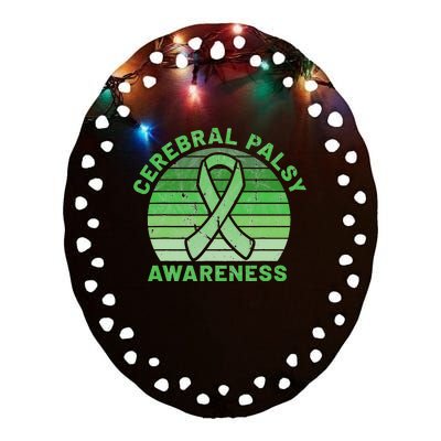 CP Green Ribbon Retro Sunset Cerebral Palsy Awareness Ceramic Oval Ornament