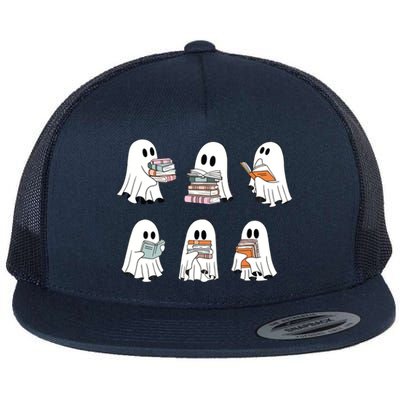 Cute Ghost Reading Librarian Teacher Halloween Book Lover Flat Bill Trucker Hat