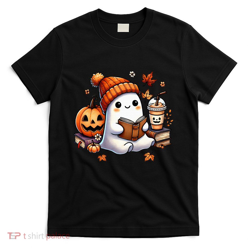 Cute Ghost Reading Book Lovers Halloween Ghost Coffee Women T-Shirt