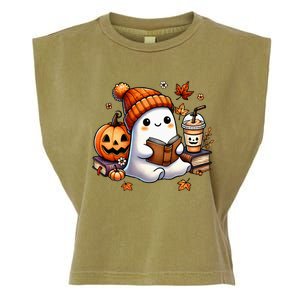 Cute Ghost Reading Book Lovers Halloween Ghost Coffee Women Garment-Dyed Women's Muscle Tee