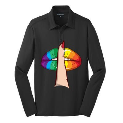 Cute Glam Rainbow Lips Lgbtq Day Of Silence Gift Silk Touch Performance Long Sleeve Polo