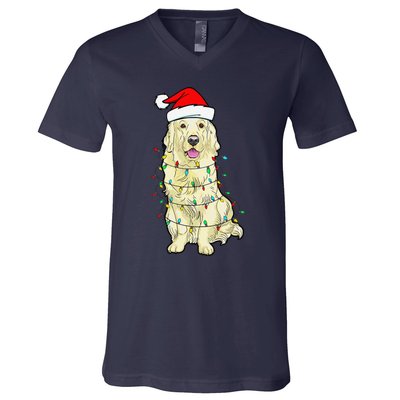 Cream Golden Retriever Dog Merry Xmas Christmas Lights V-Neck T-Shirt