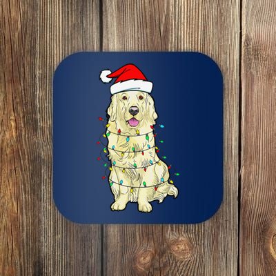 Cream Golden Retriever Dog Merry Xmas Christmas Lights Coaster