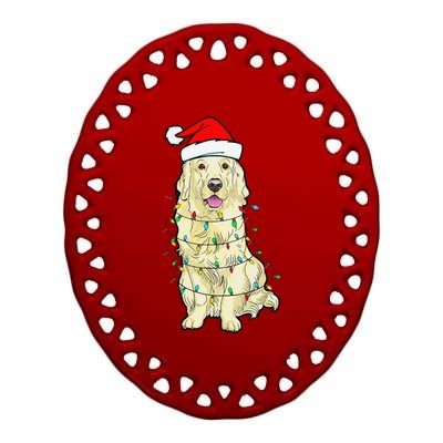 Cream Golden Retriever Dog Merry Xmas Christmas Lights Ceramic Oval Ornament