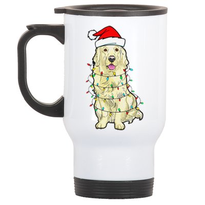 Cream Golden Retriever Dog Merry Xmas Christmas Lights Stainless Steel Travel Mug