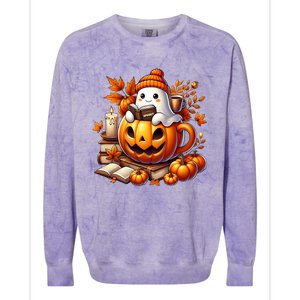 Cute Ghost Reading Book Lovers Halloween Autumn Ghost Coffee Colorblast Crewneck Sweatshirt