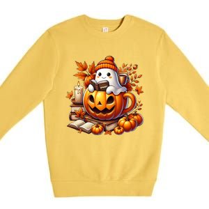 Cute Ghost Reading Book Lovers Halloween Autumn Ghost Coffee Premium Crewneck Sweatshirt