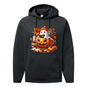 Cute Ghost Reading Book Lovers Halloween Autumn Ghost Coffee Performance Fleece Hoodie