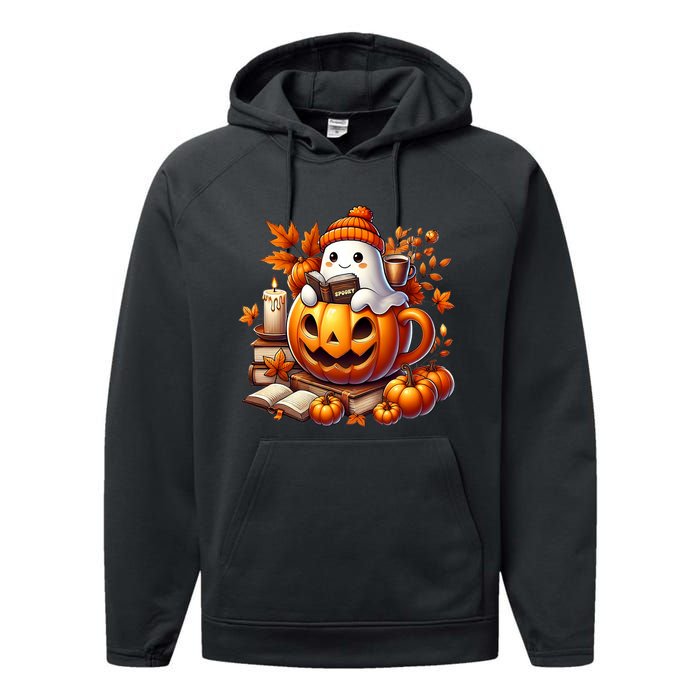 Cute Ghost Reading Book Lovers Halloween Autumn Ghost Coffee Performance Fleece Hoodie