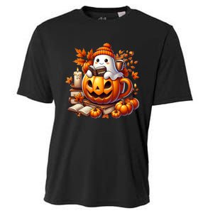 Cute Ghost Reading Book Lovers Halloween Autumn Ghost Coffee Cooling Performance Crew T-Shirt