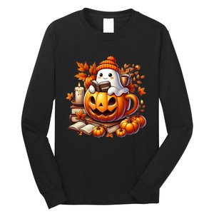 Cute Ghost Reading Book Lovers Halloween Autumn Ghost Coffee Long Sleeve Shirt