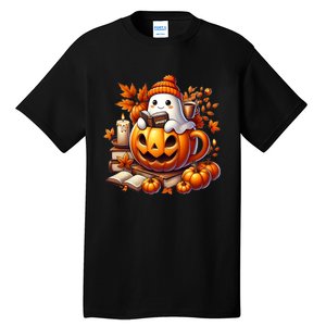 Cute Ghost Reading Book Lovers Halloween Autumn Ghost Coffee Tall T-Shirt