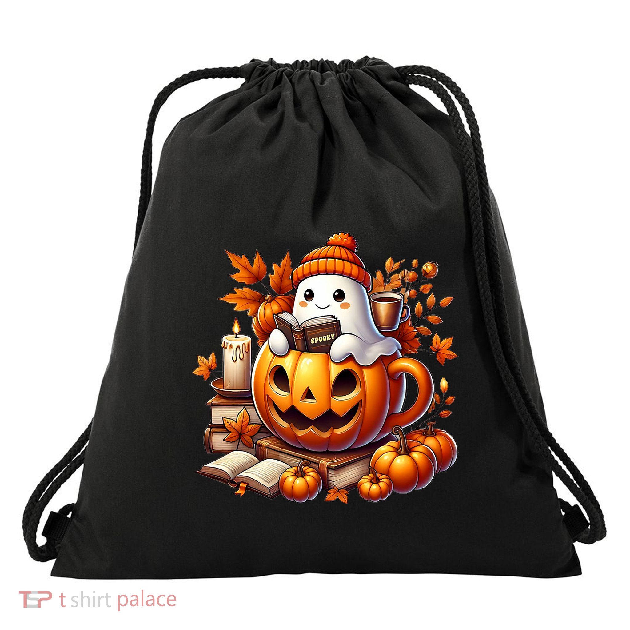 Cute Ghost Reading Book Lovers Halloween Autumn Ghost Coffee Drawstring Bag