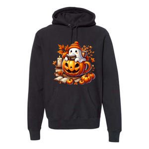 Cute Ghost Reading Book Lovers Halloween Autumn Ghost Coffee Premium Hoodie