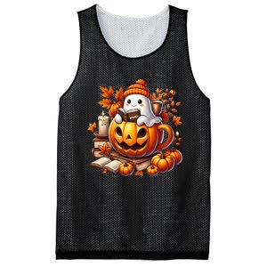 Cute Ghost Reading Book Lovers Halloween Autumn Ghost Coffee Mesh Reversible Basketball Jersey Tank