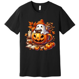 Cute Ghost Reading Book Lovers Halloween Autumn Ghost Coffee Premium T-Shirt