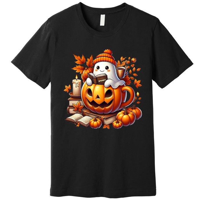 Cute Ghost Reading Book Lovers Halloween Autumn Ghost Coffee Premium T-Shirt