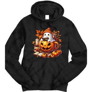 Cute Ghost Reading Book Lovers Halloween Autumn Ghost Coffee Tie Dye Hoodie