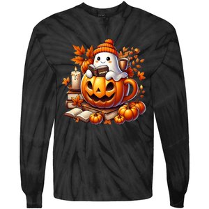 Cute Ghost Reading Book Lovers Halloween Autumn Ghost Coffee Tie-Dye Long Sleeve Shirt