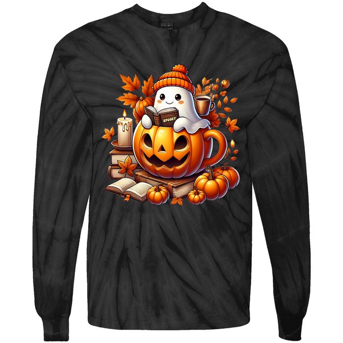 Cute Ghost Reading Book Lovers Halloween Autumn Ghost Coffee Tie-Dye Long Sleeve Shirt