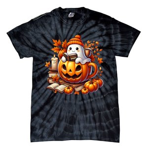 Cute Ghost Reading Book Lovers Halloween Autumn Ghost Coffee Tie-Dye T-Shirt