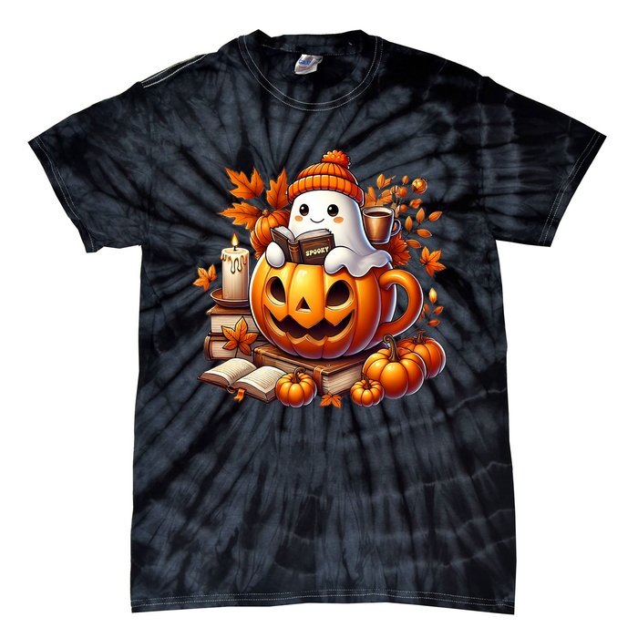 Cute Ghost Reading Book Lovers Halloween Autumn Ghost Coffee Tie-Dye T-Shirt