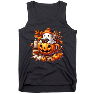 Cute Ghost Reading Book Lovers Halloween Autumn Ghost Coffee Tank Top