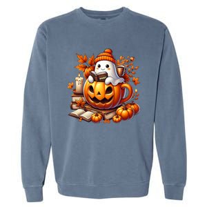 Cute Ghost Reading Book Lovers Halloween Autumn Ghost Coffee Garment-Dyed Sweatshirt