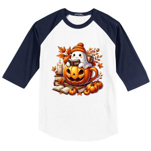 Cute Ghost Reading Book Lovers Halloween Autumn Ghost Coffee Baseball Sleeve Shirt