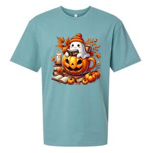 Cute Ghost Reading Book Lovers Halloween Autumn Ghost Coffee Sueded Cloud Jersey T-Shirt