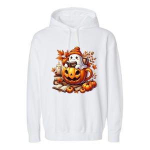 Cute Ghost Reading Book Lovers Halloween Autumn Ghost Coffee Garment-Dyed Fleece Hoodie