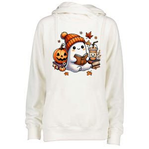 Cute Ghost Reading Book Lovers Halloween Ghost Coffee Women Gift Womens Funnel Neck Pullover Hood