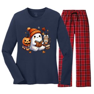 Cute Ghost Reading Book Lovers Halloween Ghost Coffee Women Gift Women's Long Sleeve Flannel Pajama Set 