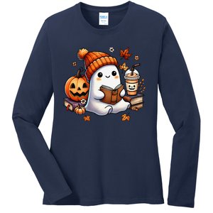 Cute Ghost Reading Book Lovers Halloween Ghost Coffee Women Gift Ladies Long Sleeve Shirt