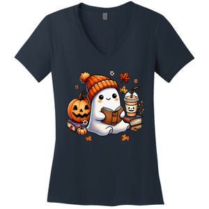 Cute Ghost Reading Book Lovers Halloween Ghost Coffee Women Gift Women's V-Neck T-Shirt