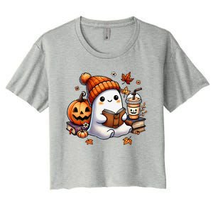 Cute Ghost Reading Book Lovers Halloween Ghost Coffee Women Gift Women's Crop Top Tee