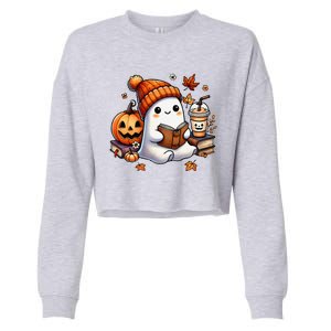 Cute Ghost Reading Book Lovers Halloween Ghost Coffee Women Gift Cropped Pullover Crew