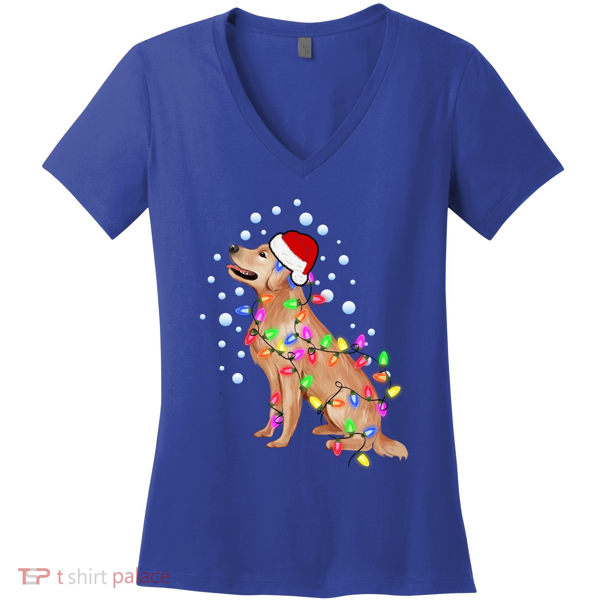 Cute Golden Retriever Christmas Light Santa Dog Puppy Lover Cute Gift Women's V-Neck T-Shirt