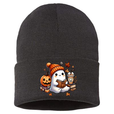 Cute Ghost Reading Book Lovers Halloween Ghost Coffee Women Sustainable Knit Beanie