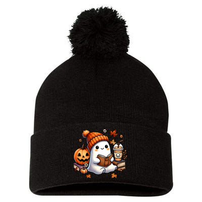 Cute Ghost Reading Book Lovers Halloween Ghost Coffee Women Pom Pom 12in Knit Beanie