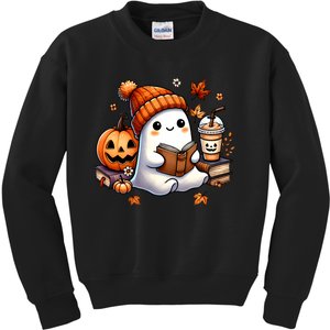 Cute Ghost Reading Book Lovers Halloween Ghost Coffee Women Kids Sweatshirt