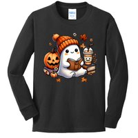 Cute Ghost Reading Book Lovers Halloween Ghost Coffee Women Kids Long Sleeve Shirt