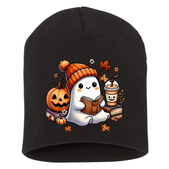 Cute Ghost Reading Book Lovers Halloween Ghost Coffee Women Short Acrylic Beanie