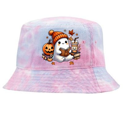 Cute Ghost Reading Book Lovers Halloween Ghost Coffee Women Tie-Dyed Bucket Hat