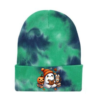 Cute Ghost Reading Book Lovers Halloween Ghost Coffee Women Tie Dye 12in Knit Beanie