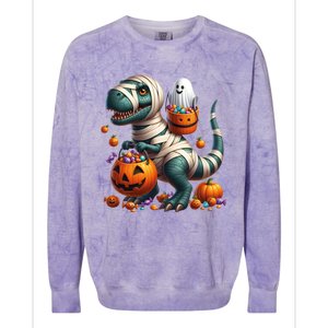 Cut Ghost Riding Mummy Dinosaur T Rex Halloween Fun Gift Colorblast Crewneck Sweatshirt