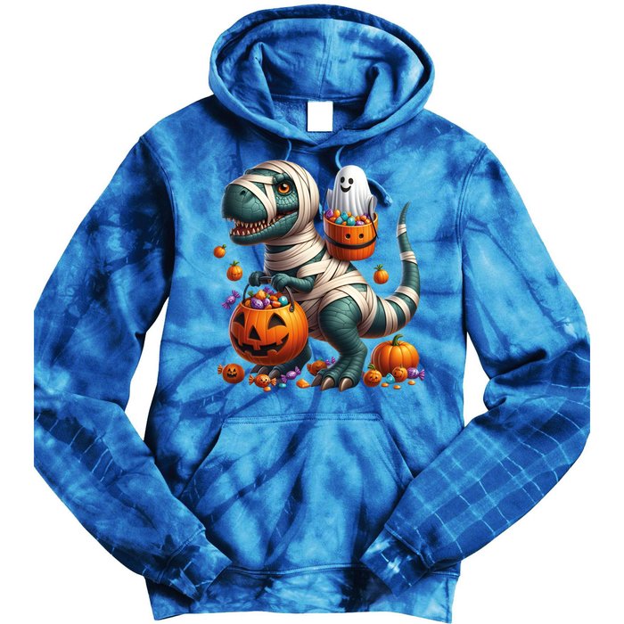 Cut Ghost Riding Mummy Dinosaur T Rex Halloween Fun Gift Tie Dye Hoodie