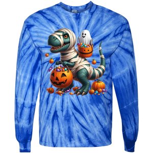 Cut Ghost Riding Mummy Dinosaur T Rex Halloween Fun Gift Tie-Dye Long Sleeve Shirt