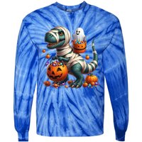 Cut Ghost Riding Mummy Dinosaur T Rex Halloween Fun Gift Tie-Dye Long Sleeve Shirt